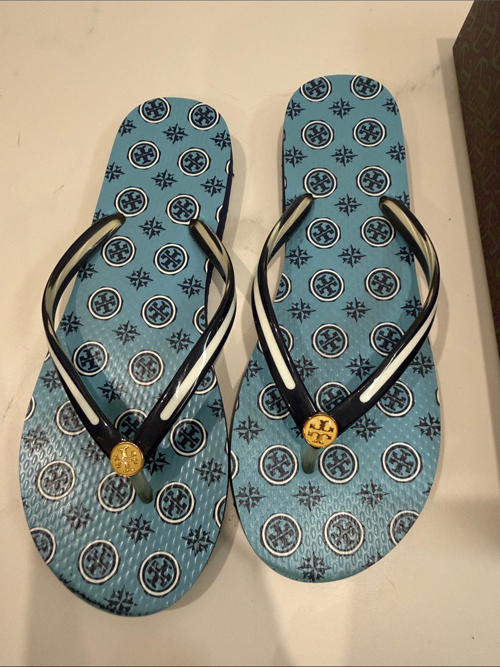 Tory Burch Light Blue Logo Pattern Flip Flop Sandals with Black Straps